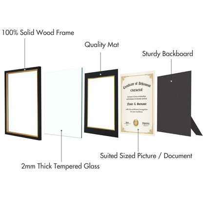 CREKERT Diploma Frame 11x14 College Degree Frame Solid Wood Shatter-Resistant Glass for Documents Certificate Blackgold Frame 8.5x11 with Mat (Black Mat, 1 Pack)