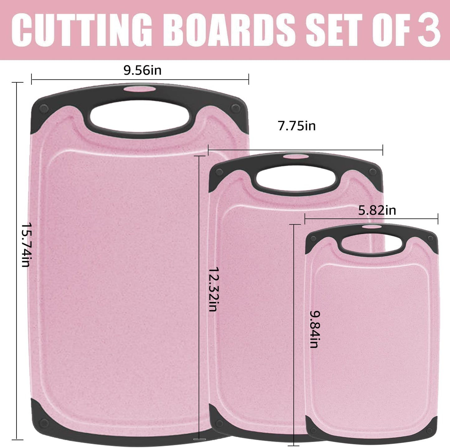 Cutting Boards Kitchen Cutting Board (3-Piece Set) Chopping Boards- Plastic Cutting Boards Set, Juice Grooves, BPA-Free and Dishwasher Safe (Pink)