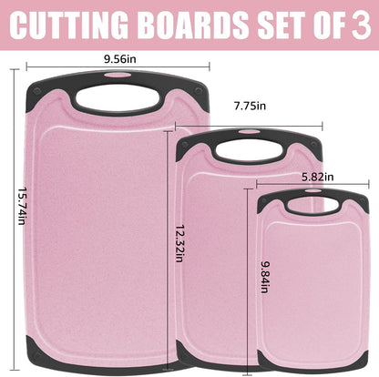 Cutting Boards Kitchen Cutting Board (3-Piece Set) Chopping Boards- Plastic Cutting Boards Set, Juice Grooves, BPA-Free and Dishwasher Safe (Pink)