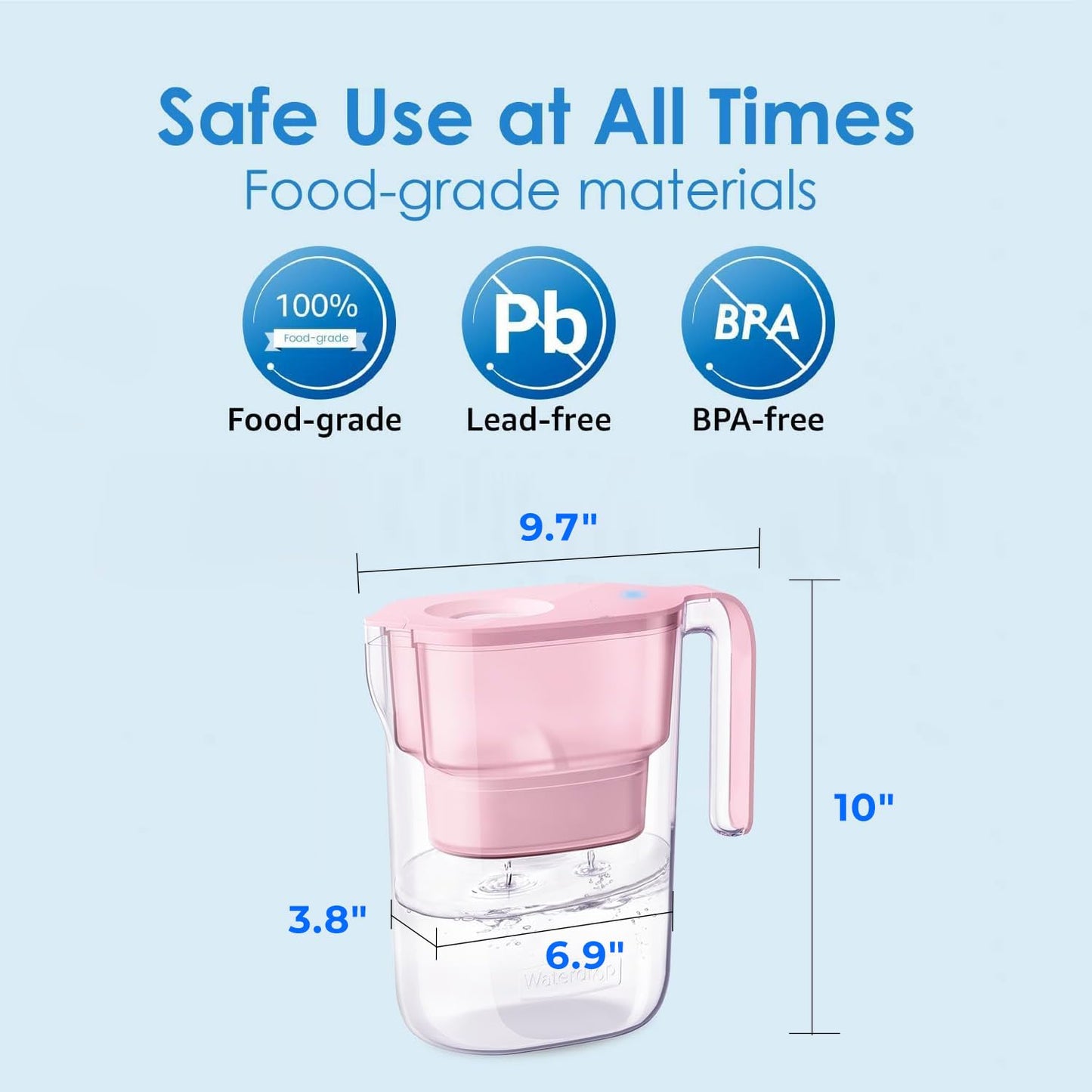 Waterdrop 200-Gallon Long-Life Elfin 7-Cup Water Filter Pitcher with 1 Filter, NSF Certified, 5X Times Lifetime, Reduces PFAS, PFOA/PFOS, Chlorine, BPA Free, Pink