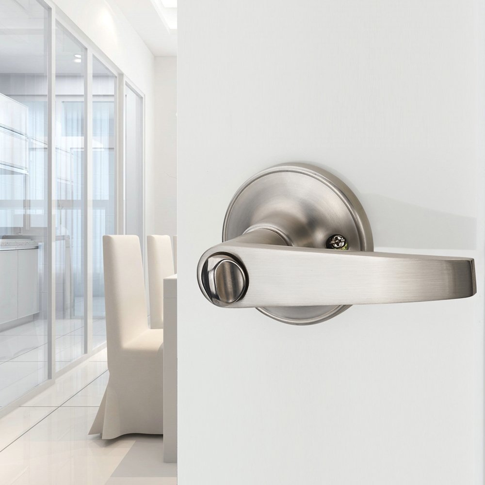 1 Pack of MANREN Lever Keyed Entry Door Lever Handle Lock, Universal Door Knob Hardware,Nickel Brushed Color (MR802-CA)