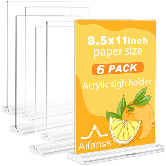 Aifanss Acrylic Sign Holder 8.5 x 11 - 6 Pack Plastic Sign Holder Vertical Standing Acrylic Paper Holder, Picture Frame Flyer Document Clear Display Stand for Table Top Office Hotel Store Restaurants