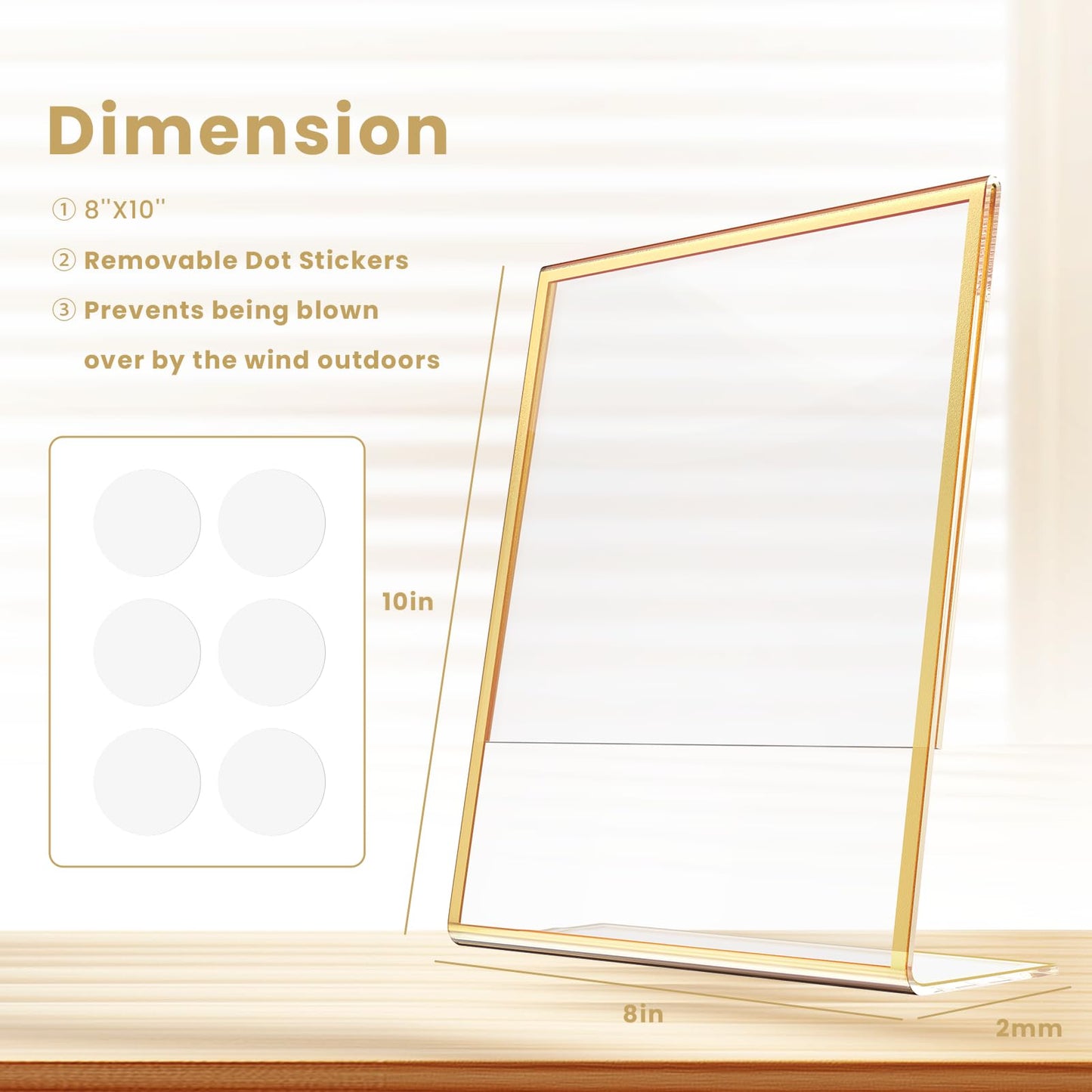 YOAEAILY Acrylic Gold Frames 8 x10, Slanted Back Gold Picture Frames Table Acrylic Sign Holder for Photos Wedding Table Numbers and Art Display with Removable Clear Sticky Dots