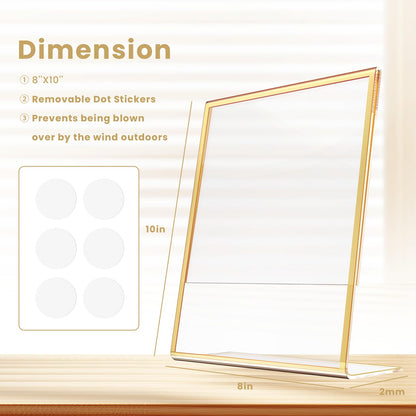 YOAEAILY Acrylic Gold Frames 8 x10, Slanted Back Gold Picture Frames Table Acrylic Sign Holder for Photos Wedding Table Numbers and Art Display with Removable Clear Sticky Dots