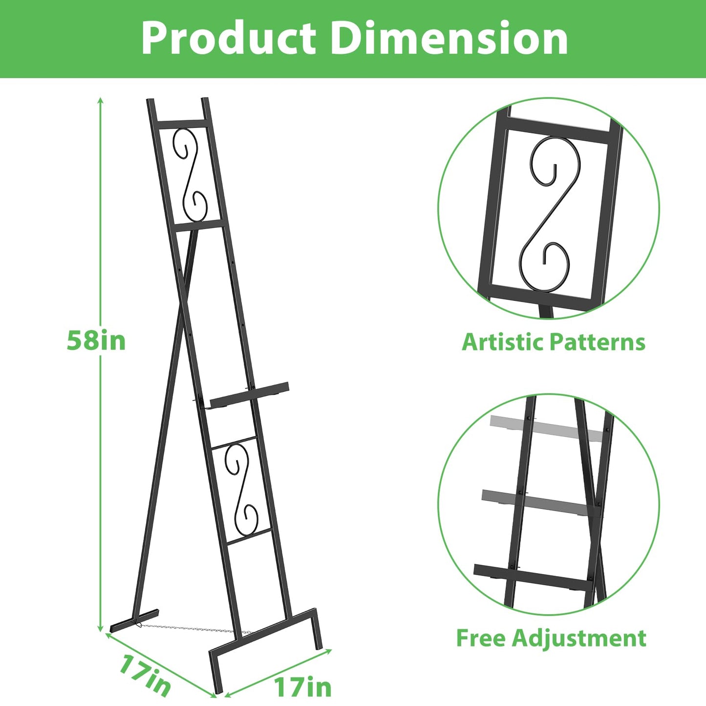 Skcoipsra Black Easel Stand, 3 Tier Adjustable Larger Wedding Welcome Sign Holder, Art Poster Display Stand Free Standing with Chain, 17x17x58 Inch