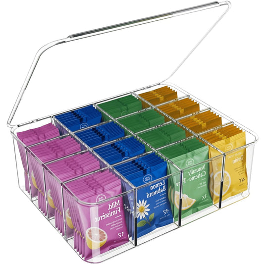 Tea Bags Organizer: Large Tea Bag Holder Organizer with Lid, Acrylic Drink Packets Storage for Cabinet, Counter, Countertop, Drink Packets Caddy for 16 Different Types