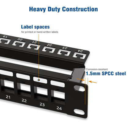 Iwillink 24 Port Blank Keystone Patch Panel with (12-Pack) Blank Keystone Jack Inserts - 1U 19" Metal Rackmount or Wallmount Housing for Keystone Jacks/Keystone Panel