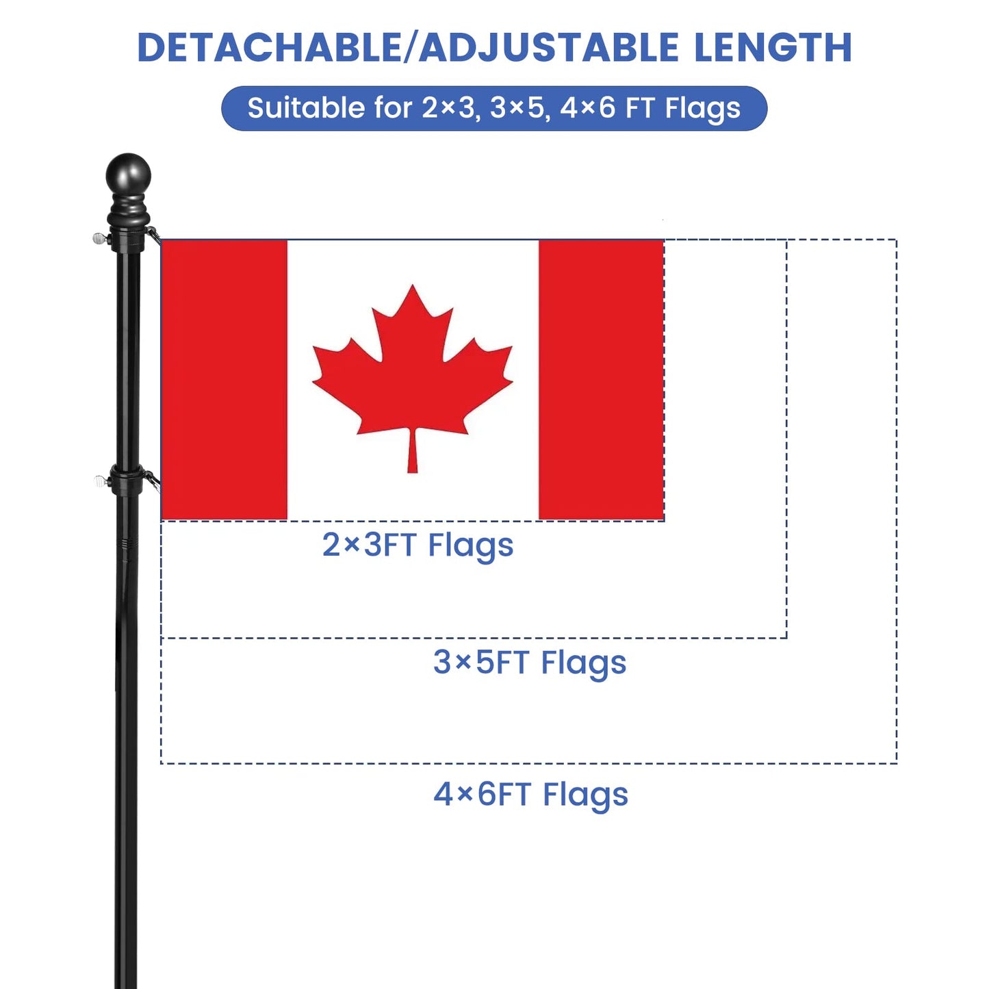 6.5FT/2M Flag Pole Kit for Canada Flag, Professional Stainless Steel Flag Pole with Mounting Bracket, Wall Mount Flag Pole Kit with Tangle Free Rings, Adjustable Length, for Garden, House, Patio