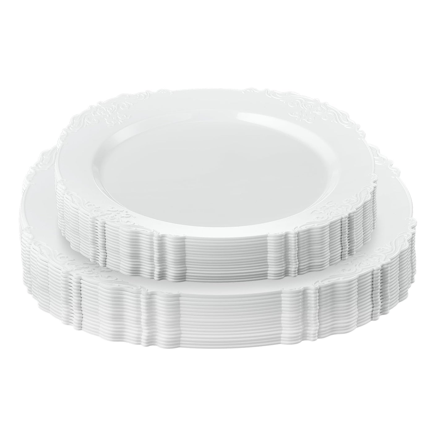 PLASTICPRO 32 Pack Elegant Disposable Plastic Plates Combo Set Includes 16 Dinner Plates and 16 Salad Heavy Duty Fancy Party Plates White Embossed Victorian Design