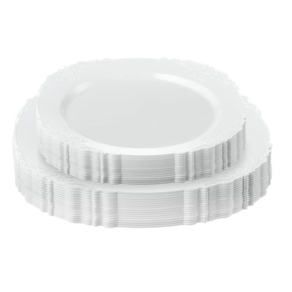 PLASTICPRO 32 Pack Elegant Disposable Plastic Plates Combo Set Includes 16 Dinner Plates and 16 Salad Heavy Duty Fancy Party Plates White Embossed Victorian Design