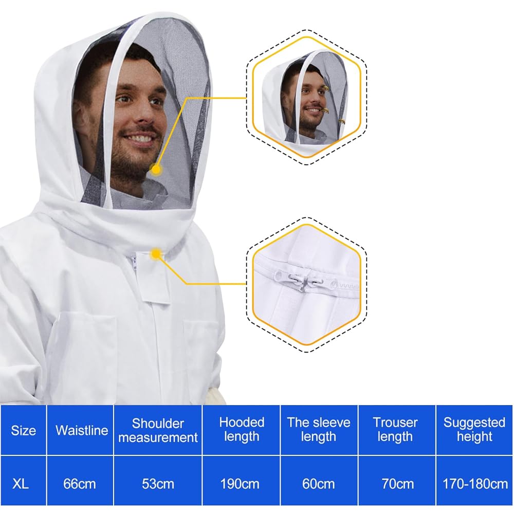 Beekeeping Suit Protective Equipment Bee Keeping Full Body Cloth with Veil Hood Total Protection Professional for Women Men, Beekeeper Costume and Beginner Sheepskin Gloves