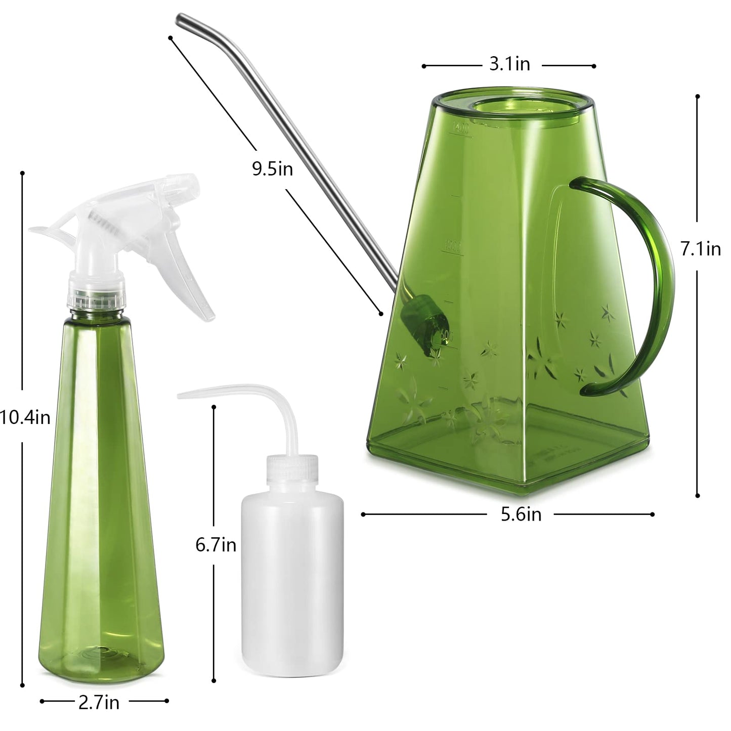 Watering Can, Goowin Watering Can Indoor Plants, Long Spout Small Watering Can for Indoor Outdoor Plants, 47 oz Indoor Plant Watering Can with Bonus 16 oz Spray Bottle & 8.5 oz Squeeze Bottle, Green