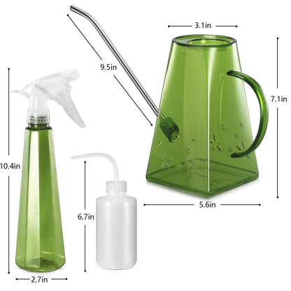 Watering Can, Goowin Watering Can Indoor Plants, Long Spout Small Watering Can for Indoor Outdoor Plants, 47 oz Indoor Plant Watering Can with Bonus 16 oz Spray Bottle & 8.5 oz Squeeze Bottle, Green