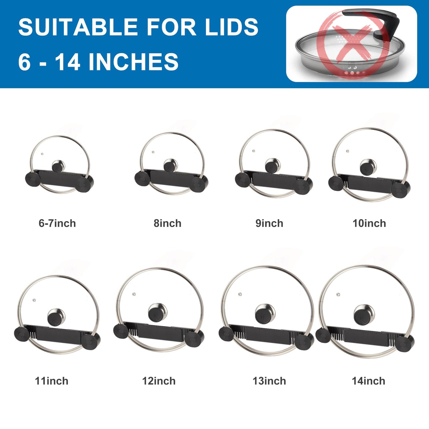 YONGAIJIA New Upgrade 4 Pack Adjustable Pot Lid Holder, Lid Organizer Fits 6" to 14" Lids, with Screw Hole Position and Sticky Wall Mounted Lid Storage Kitchen Cabinets, Cabinet Doors (Black)
