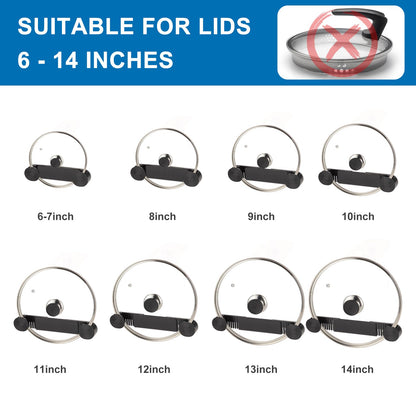 YONGAIJIA New Upgrade 4 Pack Adjustable Pot Lid Holder, Lid Organizer Fits 6" to 14" Lids, with Screw Hole Position and Sticky Wall Mounted Lid Storage Kitchen Cabinets, Cabinet Doors (Black)
