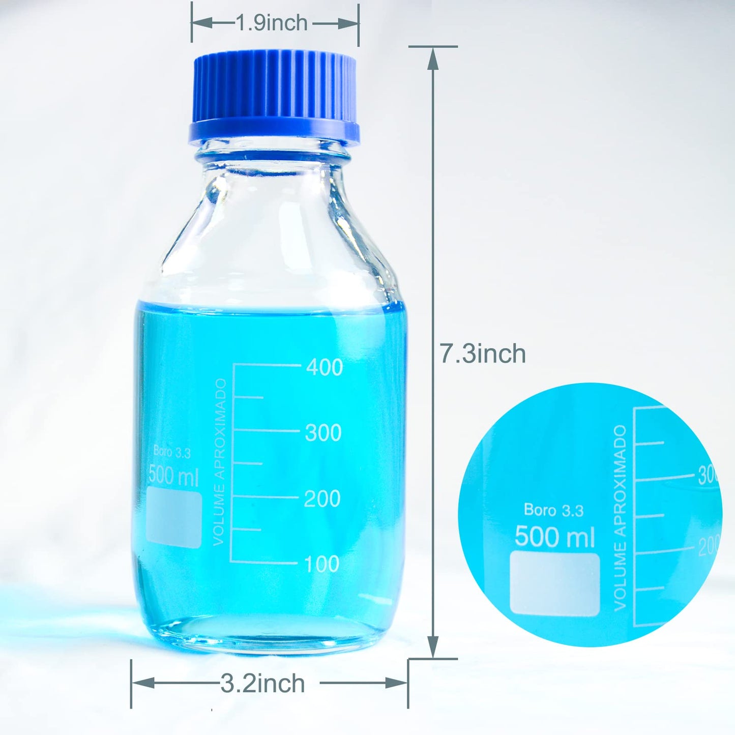 SWONES Graduated Round Reagent Media - Round Media Storage Bottle - Storage Glass Bottles, with GL45 Screw Cap,Borosilicate 3.3 Glass (500ml, 2pcs)