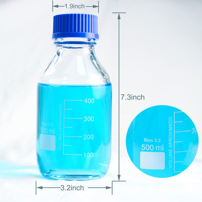 SWONES Graduated Round Reagent Media - Round Media Storage Bottle - Storage Glass Bottles, with GL45 Screw Cap,Borosilicate 3.3 Glass (500ml, 2pcs)