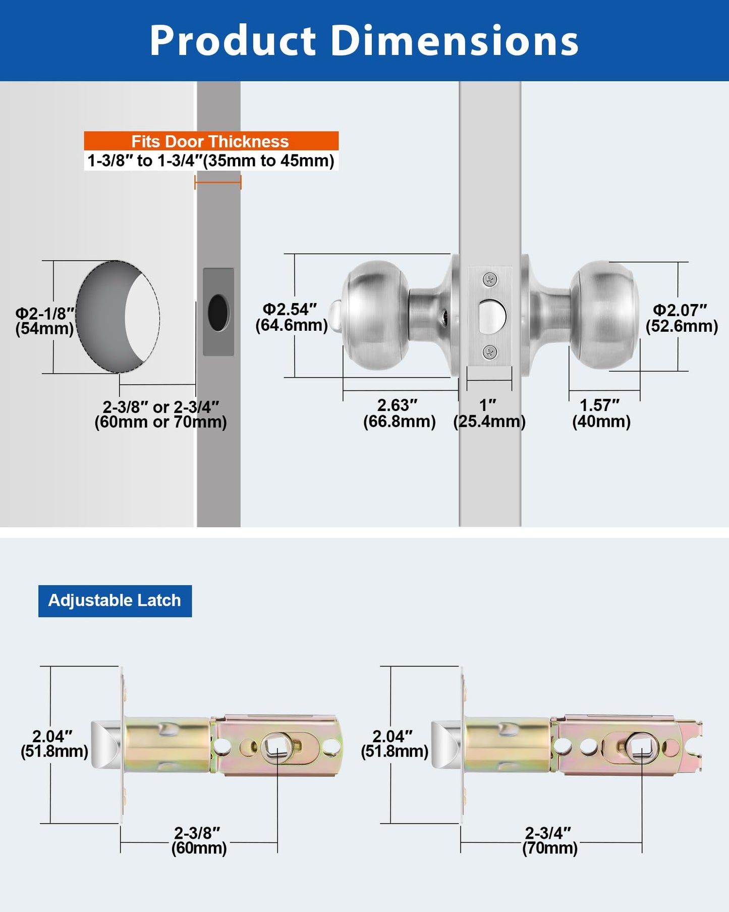 2 Pack Interior Door Knobs for Bedroom or Bathroom Keyless, Satin Stainless Steel Privacy Door Locks, Flat Ball Bath/Bed Door Locks by Lanwandeng