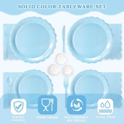 Vyntra 175 PCS Disposable Paper Plates & Napkins Set, Light Blue Party Dinnerware – Baby Shower, Birthday, Gender Reveal