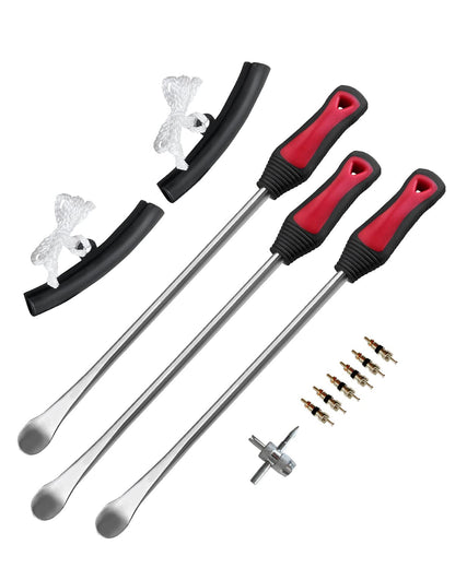 ROTATION 14.5" Steel Tire Spoons Tool Set, 6-Piece Tire Iron Kit, Professional Tire Removal Tools for Motorcycle Dirt Bike Scooter, Include 3 Tire Spoons, 2 Rim Protector, 1 Valve Tool, 6 Valve Cores