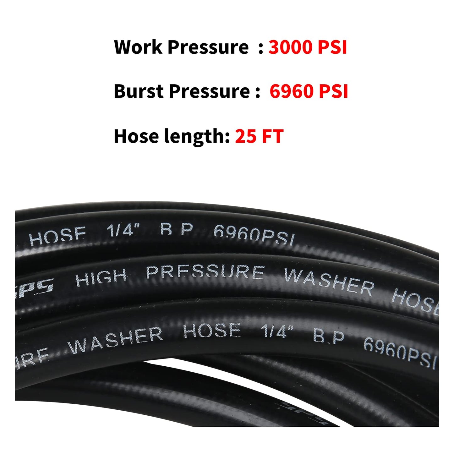 CHAVOR Pressure Washer Hose 25 FT X 1/4 Inch, Replacement Power Washer Hose for Most Brands, M22 14mm or M22 15mm Brass Thread, 3000 PSI