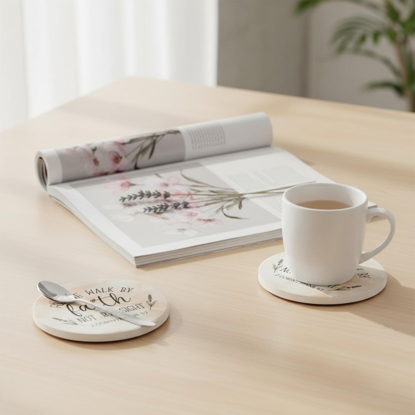 Absorbent Coasters Set of 6 with Holder – Drink Coasters for Coffee Table Decor, Bar Decor, and Home Use – Ceramic Stone Coasters for Drinks, Water-Absorbing Round Coaster Set (Blessed)