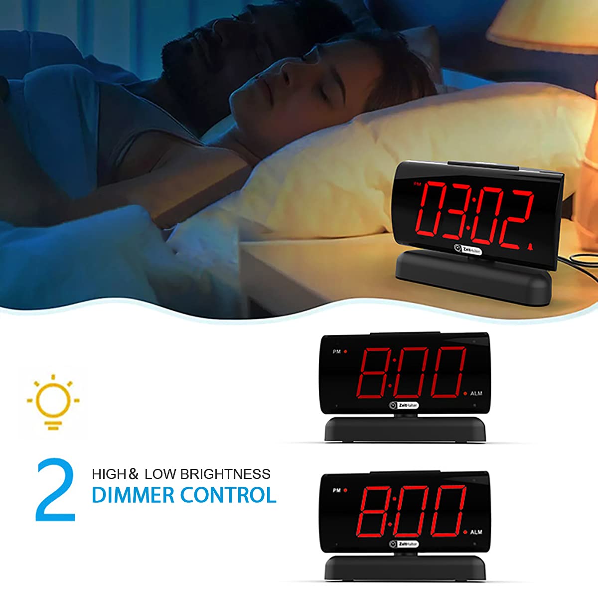 ZOOS Alarm Clock for Bedroom, Large LED Digital Clock for Seniors, Dimmable Simple Alarm Clocks for Bedrooms, Volume Adjustable/Snooze/Battery Backup/Swivel Base Gift for Men Women Elderly Home Office