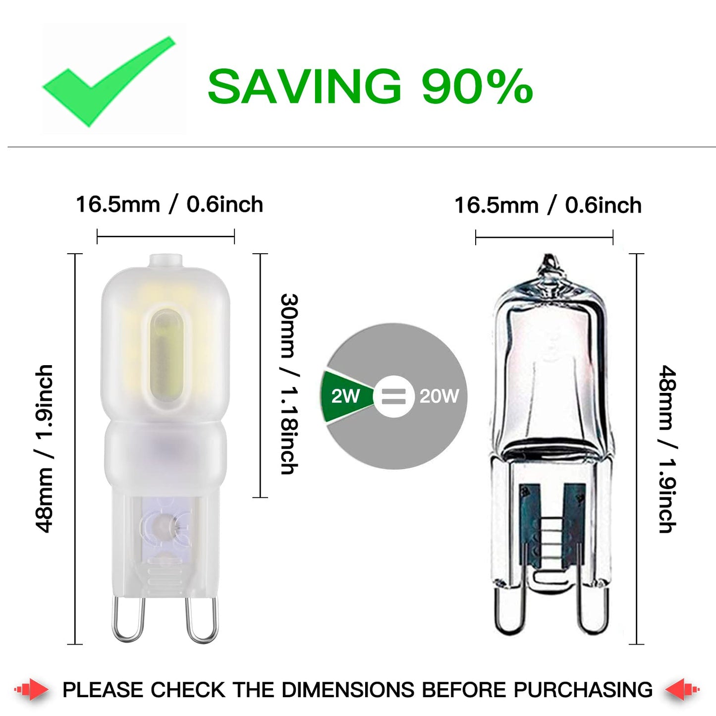 G9 Led Bulb 2W, 20W Halogen Equivalent G9 Warm White 3000K White light 6000k G9 Bi-Pin Base Non-Dimmable 360° Beam Angle Light Bulbs AC110 120 130V Daylight Led Light Bulbs 10 Pack (White Light 6000K)