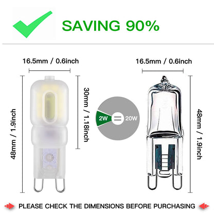 G9 Led Bulb 2W, 20W Halogen Equivalent G9 Warm White 3000K White light 6000k G9 Bi-Pin Base Non-Dimmable 360° Beam Angle Light Bulbs AC110 120 130V Daylight Led Light Bulbs 10 Pack (White Light 6000K)