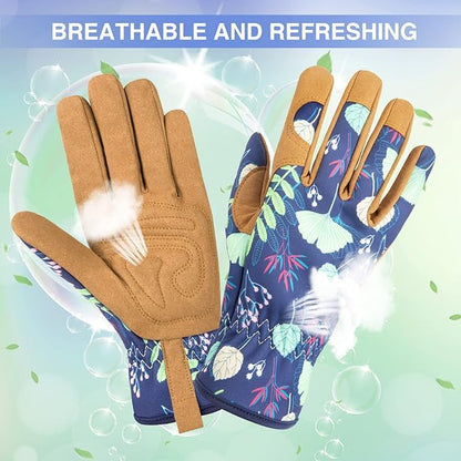 Womens Garden Gloves for Women Womens, Leather Ladies Gardening Heavy Duty Gloves Gifts, Weed Pulling Work Gloves for Planting, Pruning (Deep Blue, Medium)