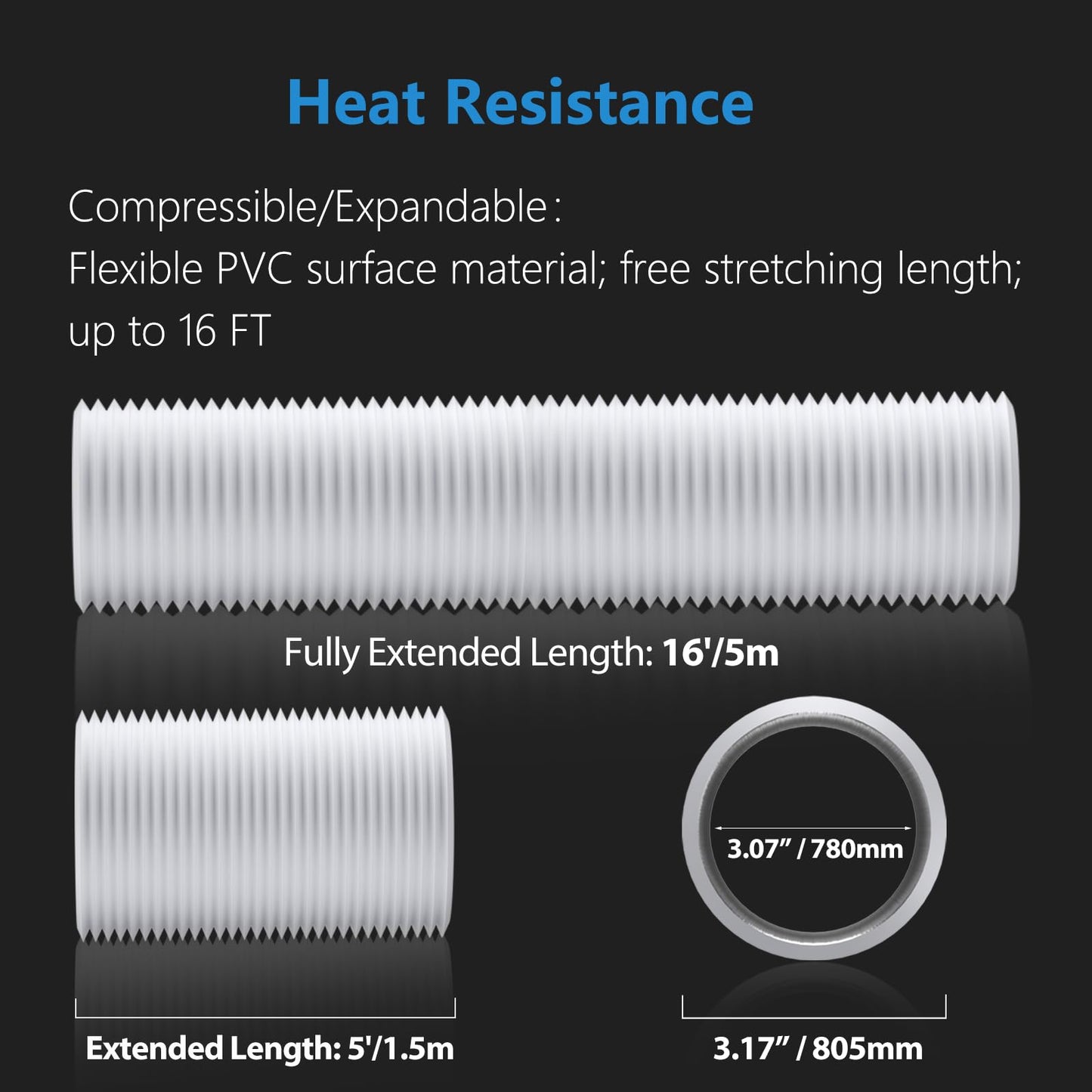 Hon&Guan Dryer Vent Hose 3 Inch Ducting Insulated 16FT Air Duct with 2 Clamps,Heavy-Duty Three Layer PVC and Aluminum Flexible Duct Protection for HVAC Ventilation, Duct Fan Systems(75mm-5M)