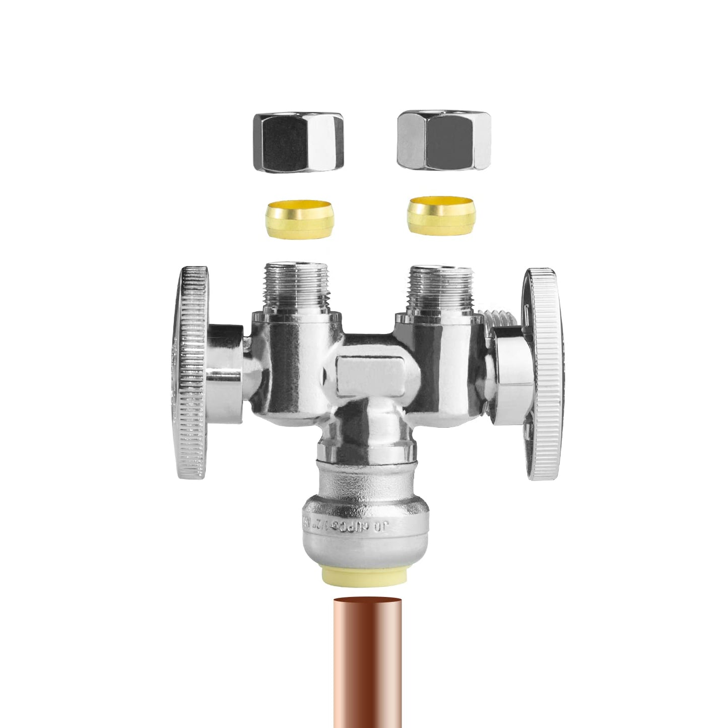 WiseWater 1 Pack 1/2" Push Fit x Dual 3/8" OD Compression Straight Stop Valve, 1/4 Turn Double Handles Shut Off Valve with Disconnect Clip, Chrome Plated Brass, Copper, PEX, CPVC, PE-RT Pipes