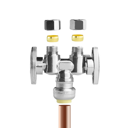 WiseWater 1 Pack 1/2" Push Fit x Dual 3/8" OD Compression Straight Stop Valve, 1/4 Turn Double Handles Shut Off Valve with Disconnect Clip, Chrome Plated Brass, Copper, PEX, CPVC, PE-RT Pipes