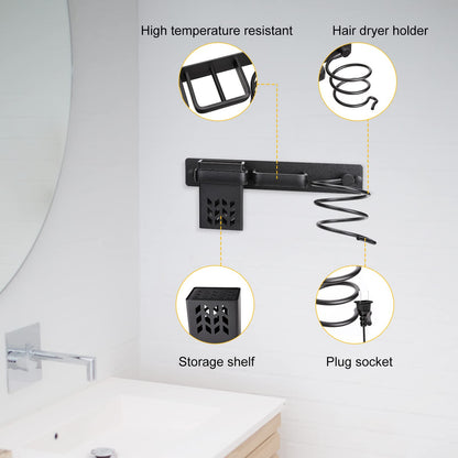 YUET Hair Dryer Holder,Hairdryer Station Accessories Organiser Wall Mounted Shelf Bracket Stand Hanger Straightener Blow Storage with Holes Rack Plug Hook For Bathroom Aluminum Black