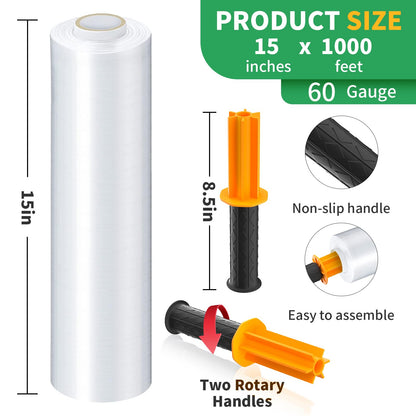 Stretch Film, HERKKA Stretch Wrap with Handles Industrial Strength, Moving Wrapping Plastic Roll, Shrink Wrap for Pallet Wrap, 15" x 1000 Feet, 1 Pack, 60 Gauge