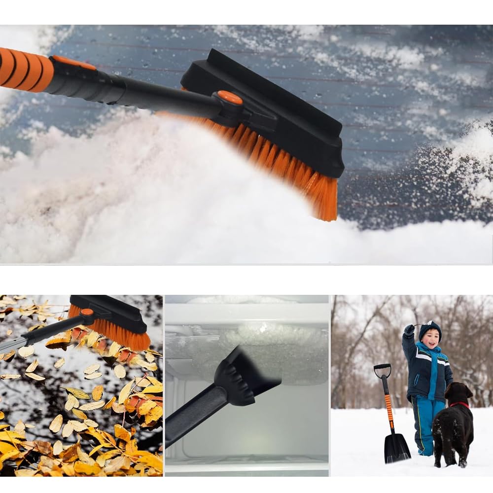 5-in-1 Snow Shovel with Extendable Handle Pivoting Brush Head and Foam Grip Versatile Removal Kit Storage Bag for Cars, Trucks, SUVs, Camping, Outdoor Use Shovel Car Camping Essentials