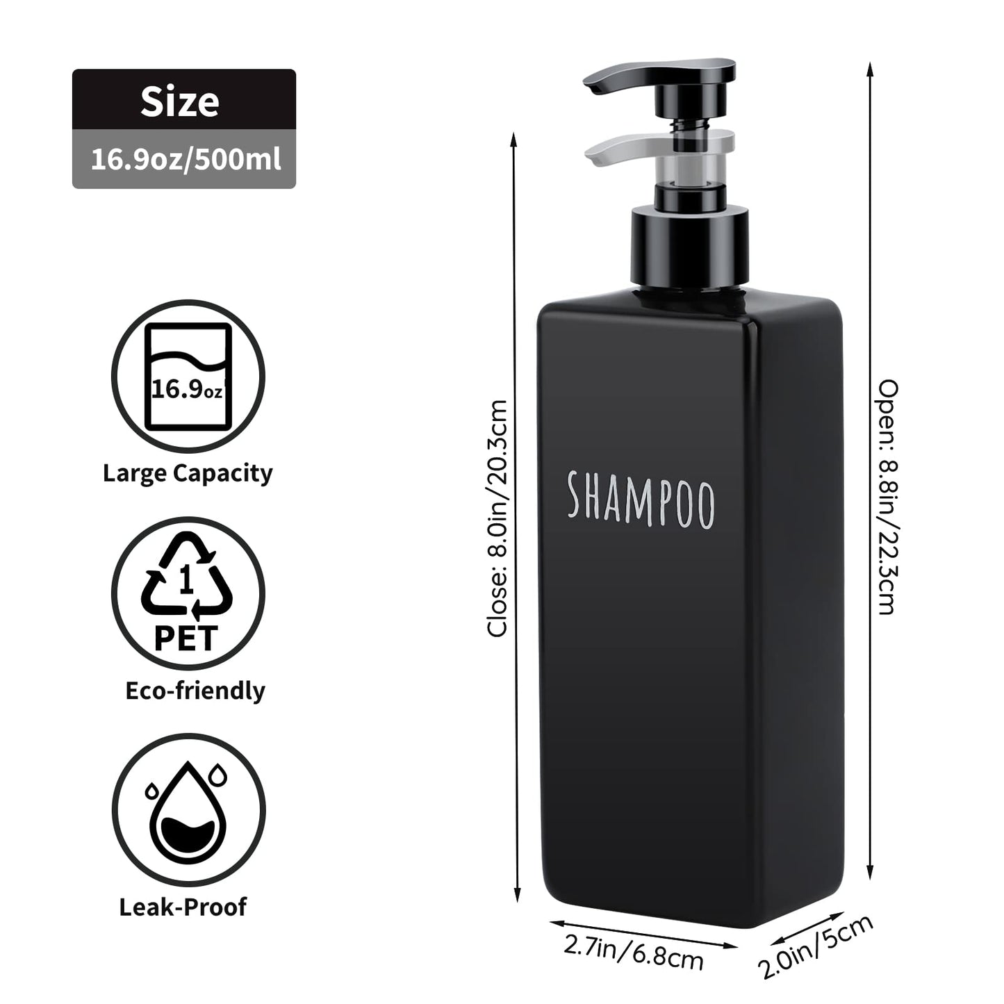 Segbeauty Square Soap Dispenser Black, 3pcs 500ml Refillable Shampoo and Conditioner Bottles, 16.9oz Empty Reusable Plastic Pump Bottle Bathroom Shower Dispenser Set for Body Wash Liquid Lotion