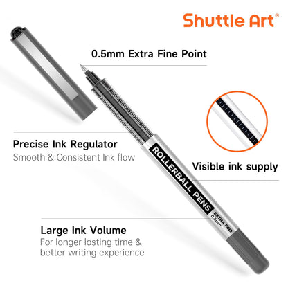 Shuttle Art RollerBall Pens, 25 Pack Black Fine Point Roller Ball Pens, 0.5mm Liquid Ink Pens for Writing Journaling Taking Notes School Office
