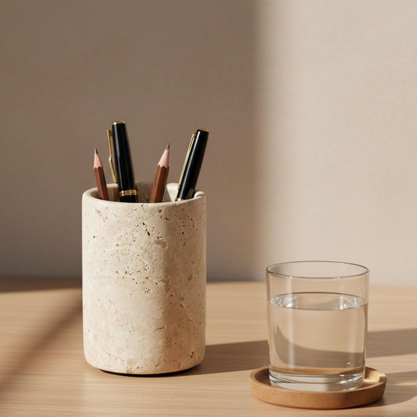 Radicaln Marble Pen Holder 4" Travertine Handmade Desk Organizer, Pencil & Pen Stand for Office, Home, Makeup Accessories, Premium Marble Stationery Holder