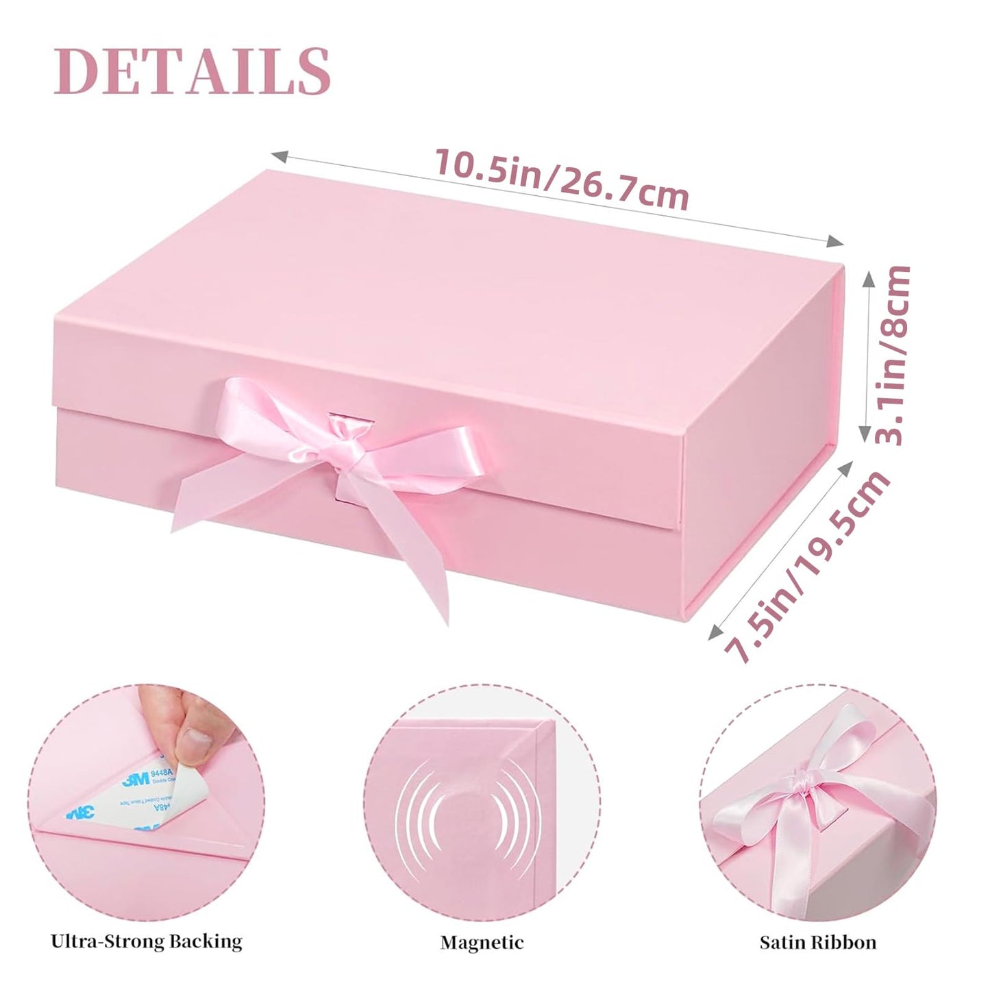 3 Pack Pink Gift Box with Magnetic, 10.5x7.5x3.1 Inches Gift Box with Lid & Ribbons, Gift Boxes for Valentine's Day, Mother's Day, Christmas, Birthday, Wedding, Graduation