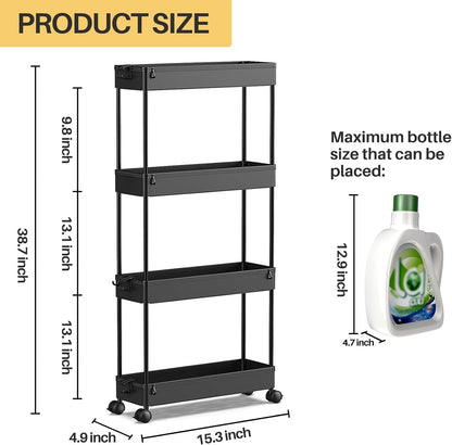 SPACEKEEPER Slim Rolling Storage Cart 4 Tier Bathroom Organizer Mobile Shelving Unit Storage Rolling Utility Cart Tower Rack for Kitchen Bathroom Laundry Narrow Places, Black