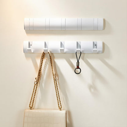 Retractable Wall-Mounted Coat Rack with 5 Hooks, Modern Space-Saving Storage for Hats, Jackets, Bags, Entryway, Mudroom, Closet, Bathroom, Bedroom - White