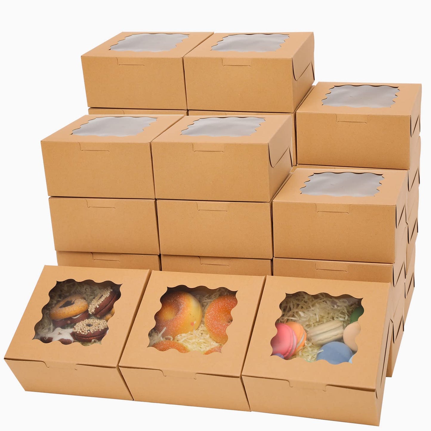 36Packs Kraft Bakery Boxes with Window 6x6x3 inches Brown Cookie Boxes Macaroon Boxes Thick & Sturdy Treat Boxes for Macarons，Pastry