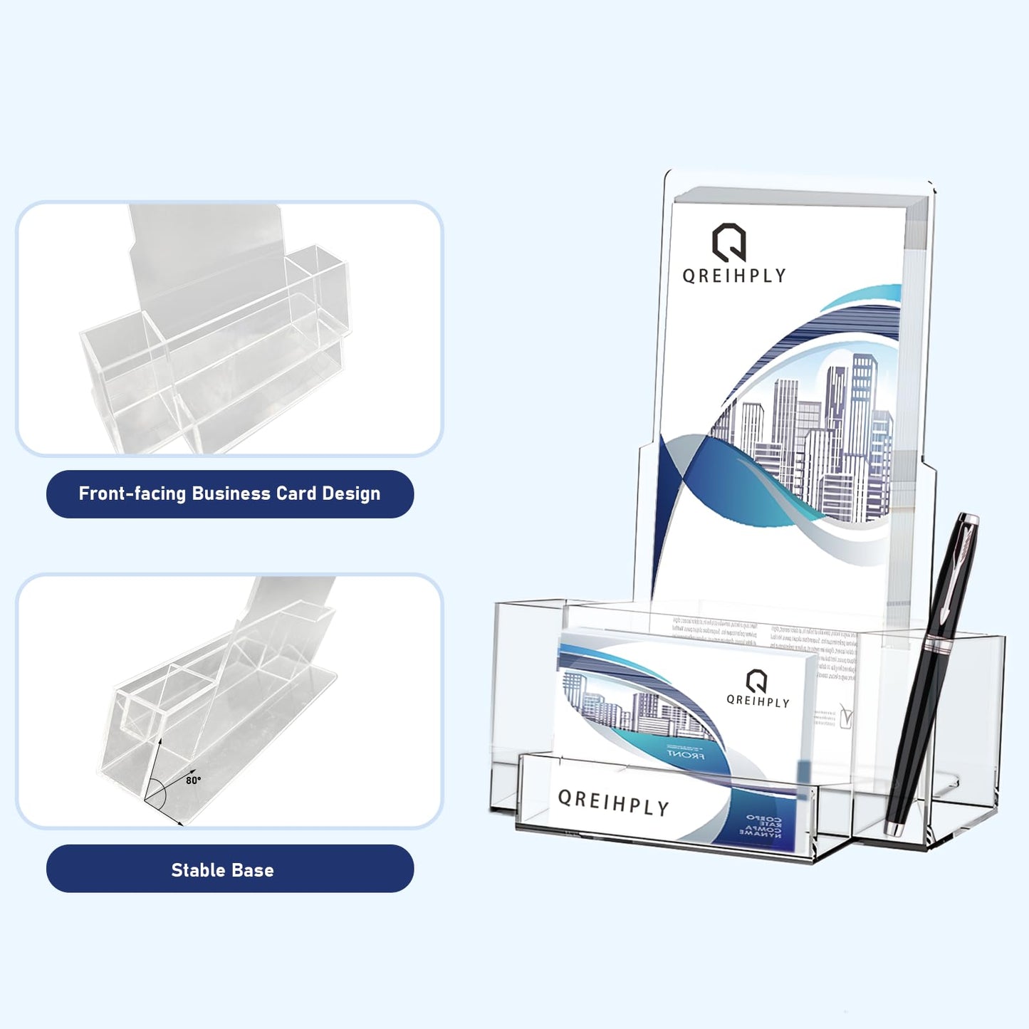 QREIHLPY Acrylic Brochure Holder 2pcs, 4.7 Inch with Dual Pen Holders & Business Card Slot, Clear Display Stand for Countertop, Suitable for Pamphle, Magazines, Menus, Trifold Booklets