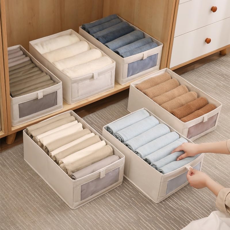 6 Pcs Linen Closet Organizers and Storage Clothing Bins Large Foldable Box with Window Storage Baskets for Closet Shelf Clothes Jeans Toys Organization, Cube Storage Boxes for Organizing
