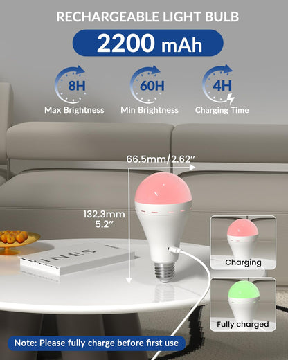 BrightArk E26 Rechargeable Led Light Bulbs with Remote, 15 Colors Dimmable E26 Battery Operated Light Bulb with Timer, Emergency Rechargeable Light Bulbs, Up to 35 Hours, 2 Packs