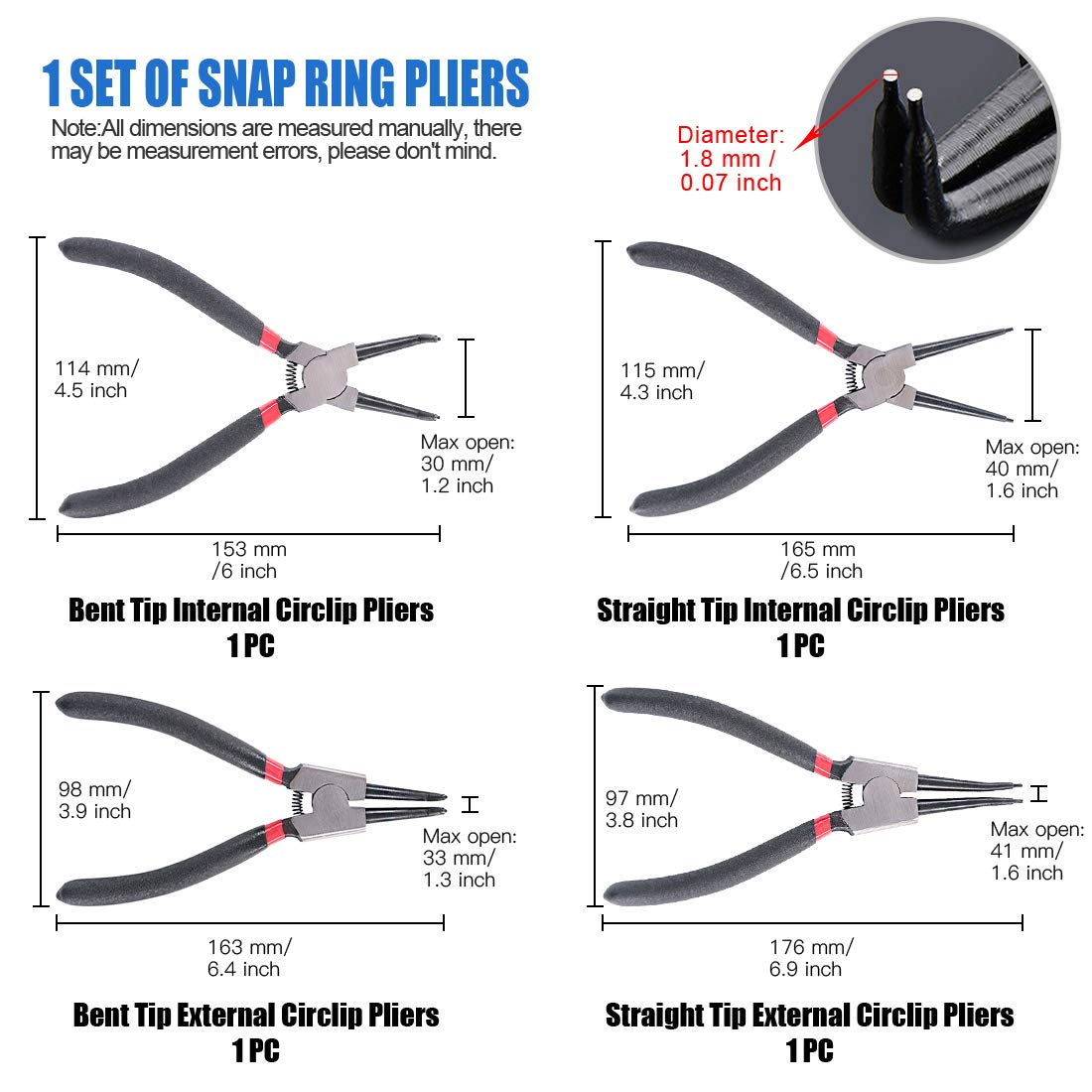 Glarks 4 Piece 7-Inch Internal/External Snap Ring Pliers Set