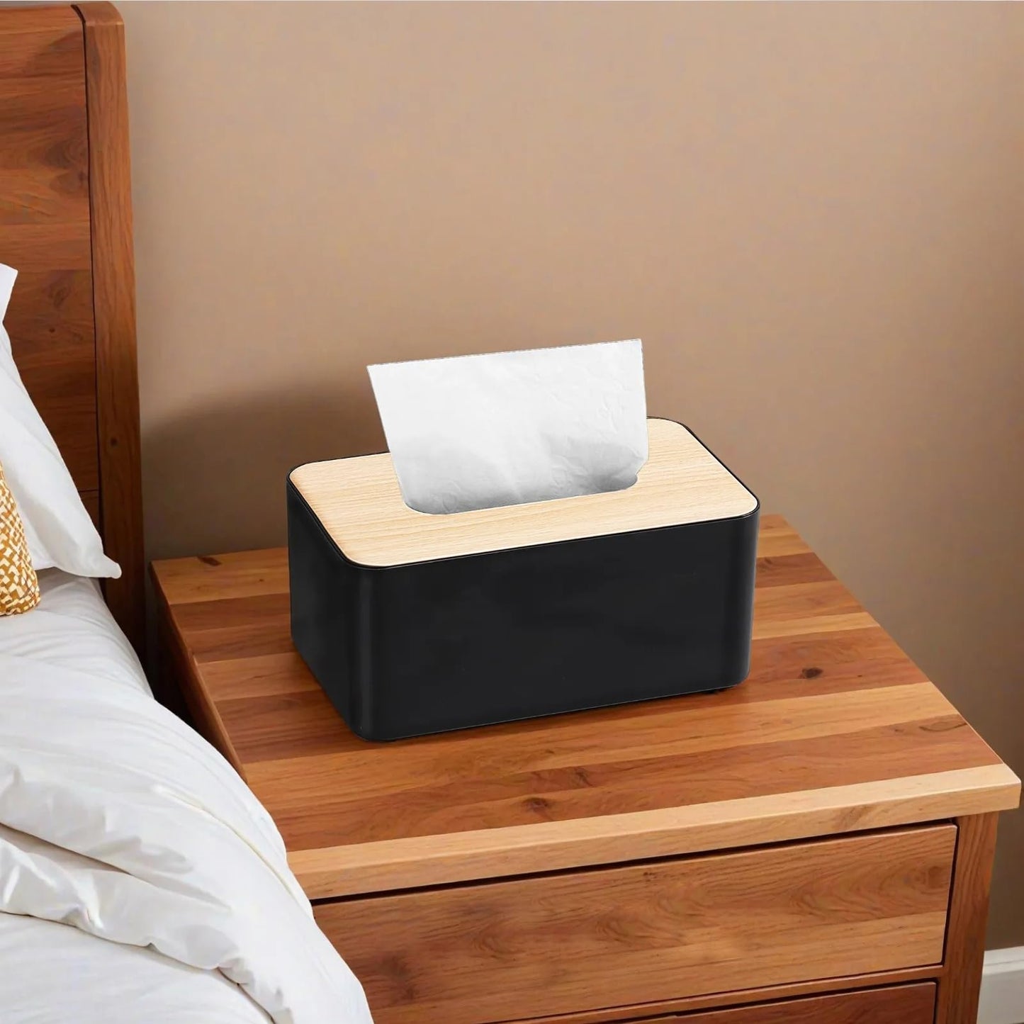 Bamboo Tissue Box Cover - 2 Pack Versatile Tissue Box Holder for Bathroom,Home,Office & Car - Space-Saving Design for Any Surface, Black