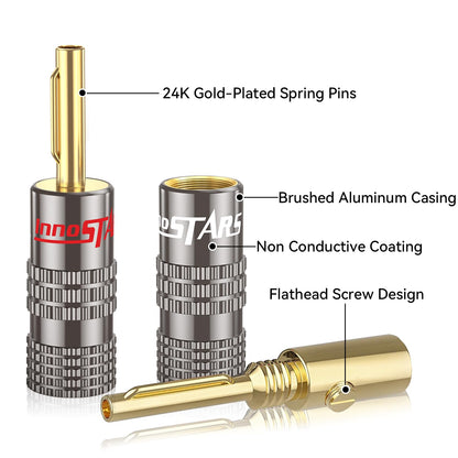 InnoStars Banana Plugs for Speaker Wire, (12 Pairs, 24 Pcs), 24K Gold Plated Connectors, Spring Pin Plug Closed Screw Design, Banana Pins (Support 12 AWG to 20 AWG Wires), Come with 1Pcs Screwdriver