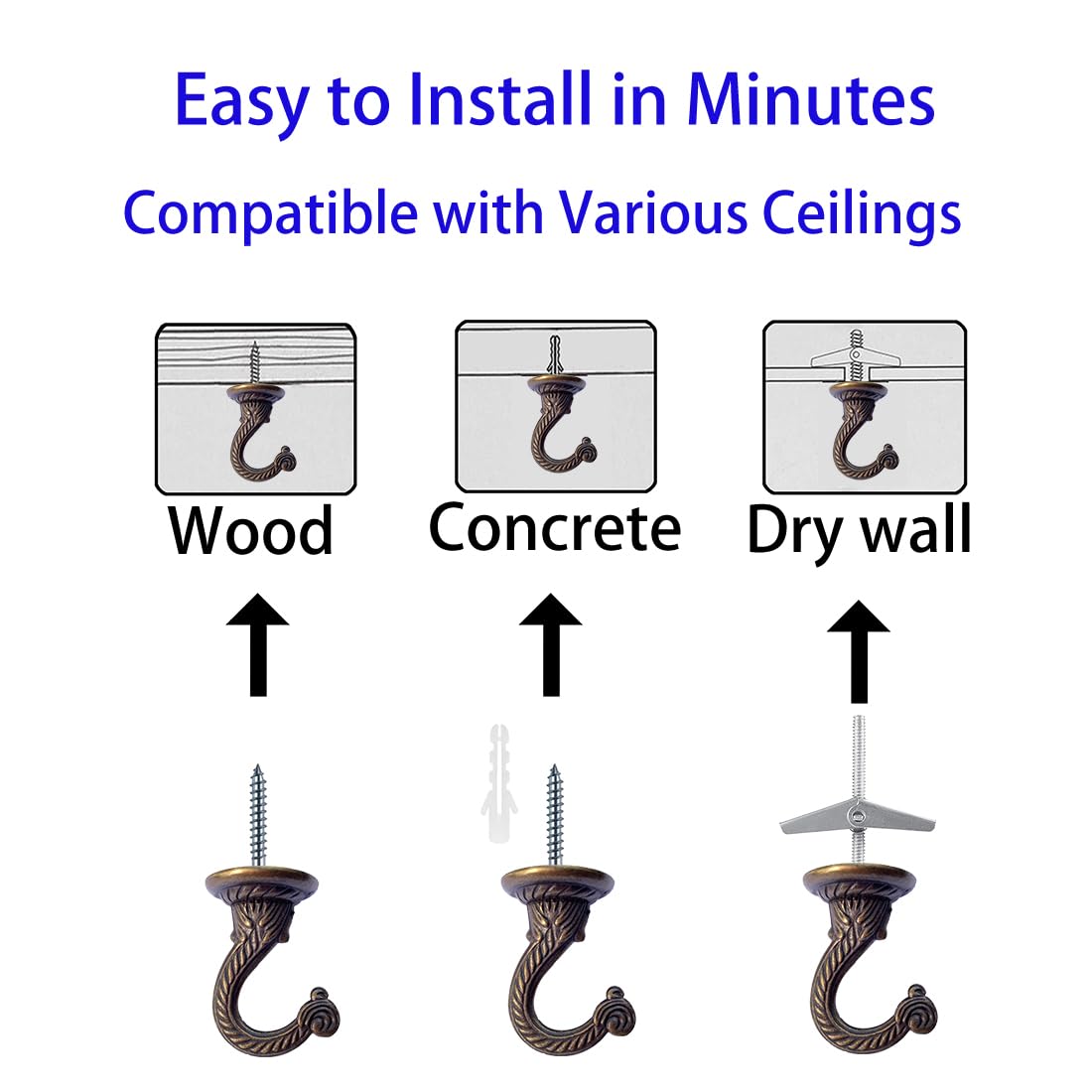 OBSTKUCHEN 6 Sets Large Swag Ceiling Hooks Heavy Duty Swag Hook with Hardware for Hanging Plants Ceiling Installation Cavity Wall Fixing (Antique Brass)